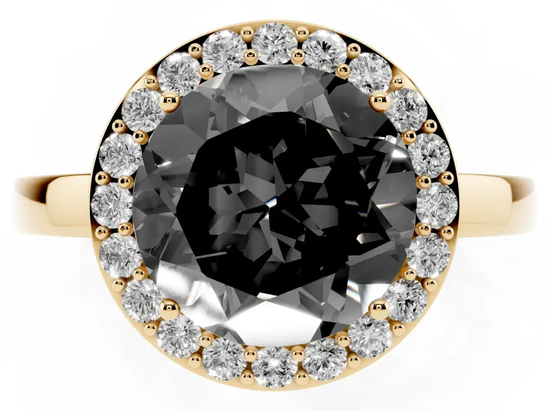 Fancy Black Round Cut Diamond Halo Ring Set in Yellow gold with Solitaire Band and Prong Setting