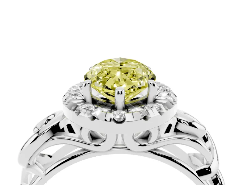 Fancy Yellow Marquise Cut Diamond Halo Ring Set in White gold with Scrollwork Band and Prong Setting