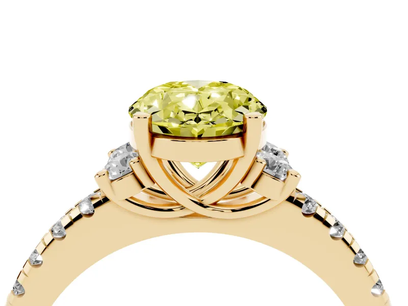 Oval Side Stone Pave Engagement Ring Setting for a Fancy Yellow Lab-Grown Diamond | Paired Round Accents | Yellow Gold