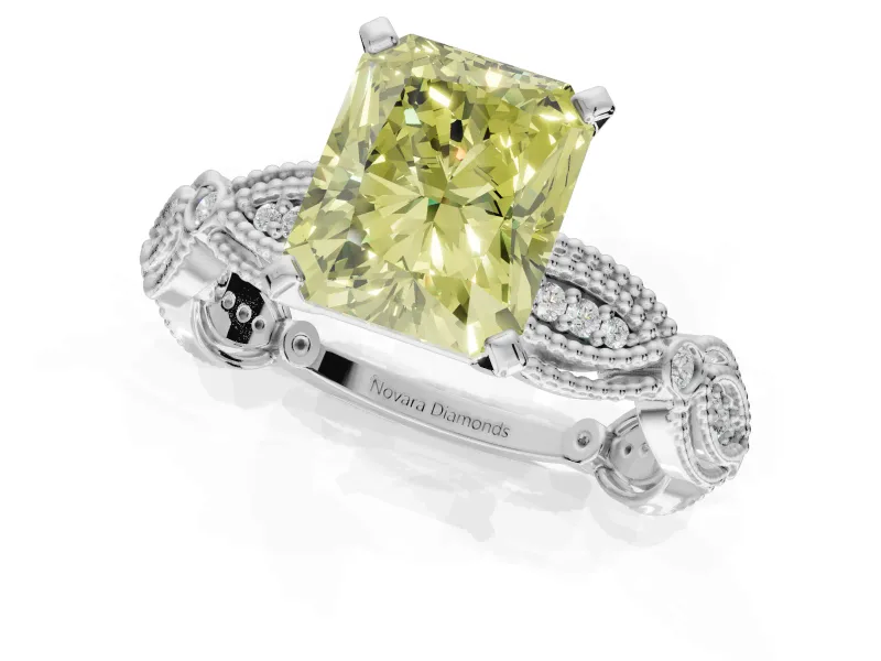 Radiant Cut Vintage Engagement Ring Setting for a Fancy Yellow Lab-Grown Diamond | Graduated Stations | Platinum