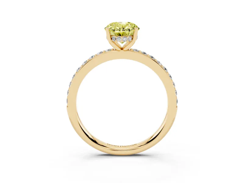 Fancy Yellow Oval Cut Diamond Pavé Band Ring Set in Yellow gold with Prong-Set Center Stone