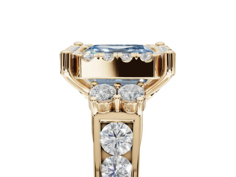 Asscher Cut Halo Engagement Ring Setting for a Fancy Blue Lab-Grown Diamond | Graduated Channel Band | Yellow Gold