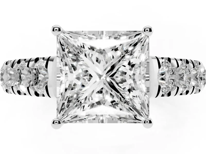 Princess Cut Cut-Down Side Stone Engagement Ring Setting | Scalloped Shoulders | Sterling Silver