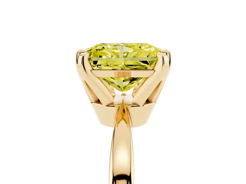 Fancy Yellow Radiant Cut Diamond Solitaire Engagement Ring Set in Yellow gold with Slim Tapered Solitaire Band