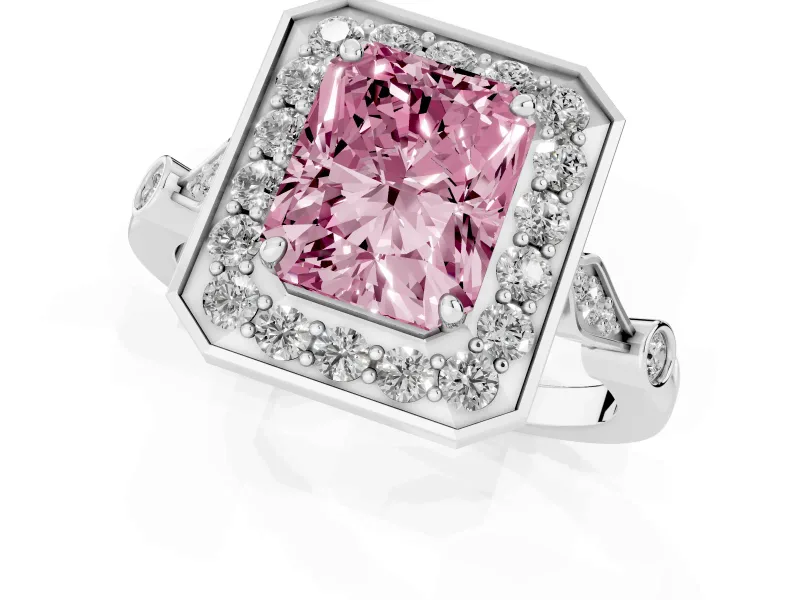 Radiant Cut Halo Engagement Ring Setting for a Fancy Pink Lab-Grown Diamond | Bezel Station Shoulders | Sterling Silver