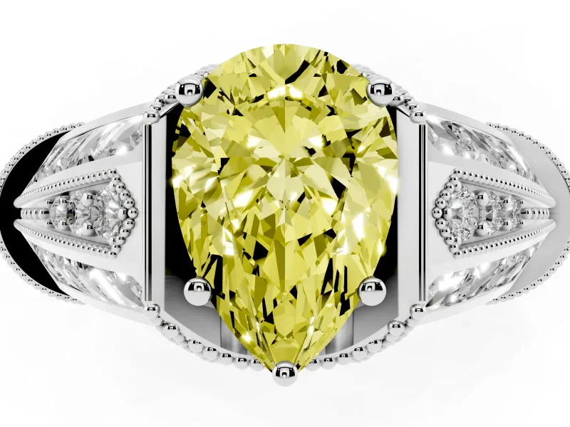 Fancy Yellow Pear Cut Diamond Vintage-Inspired Milgrain Ring Set in Platinum with Accent Split Shank