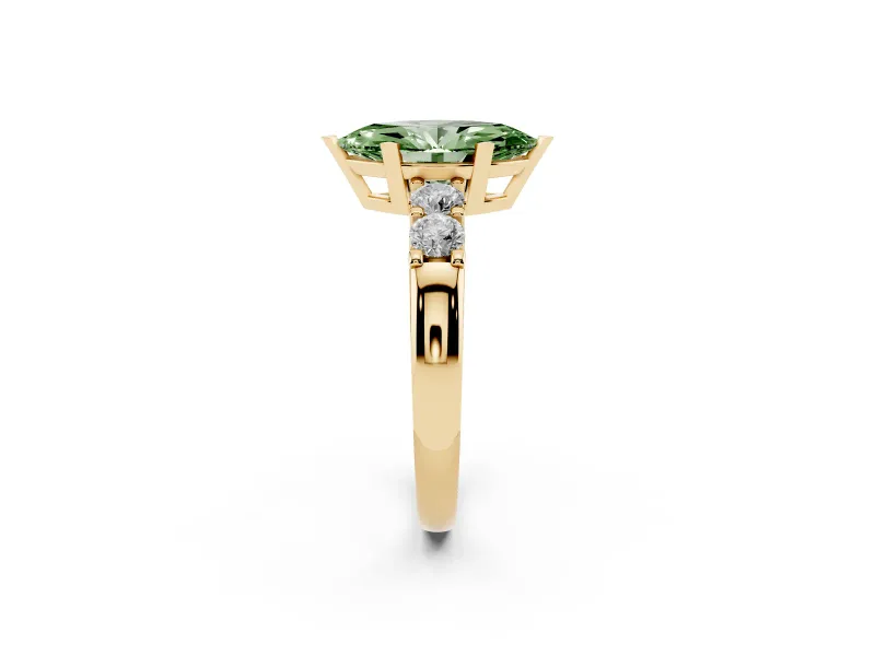 Fancy Green Marquise Cut Diamond Five-Stone Prong Set Engagement Ring Set in Yellow gold with Channel Band