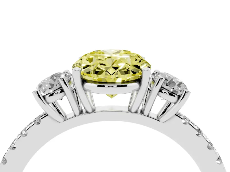 Fancy Yellow Oval Cut Diamond Three-Stone Ring Set in Silver with Pavé Band and Graduated Sides