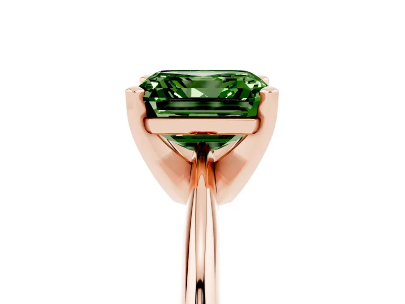 Fancy Green Asscher Cut Diamond Solitaire Ring Set in Rose gold with Prong Setting on a Plain Round Band
