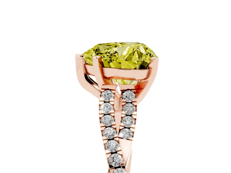 Fancy Yellow Heart Cut Diamond Solitaire Engagement Ring Set in Rose gold with Twisted Pavé Band and Prong Setting