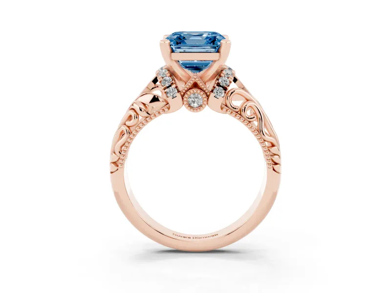 Fancy Blue Asscher Cut Diamond Filigree Halo Engagement Ring Set in Rose gold with Prong Setting