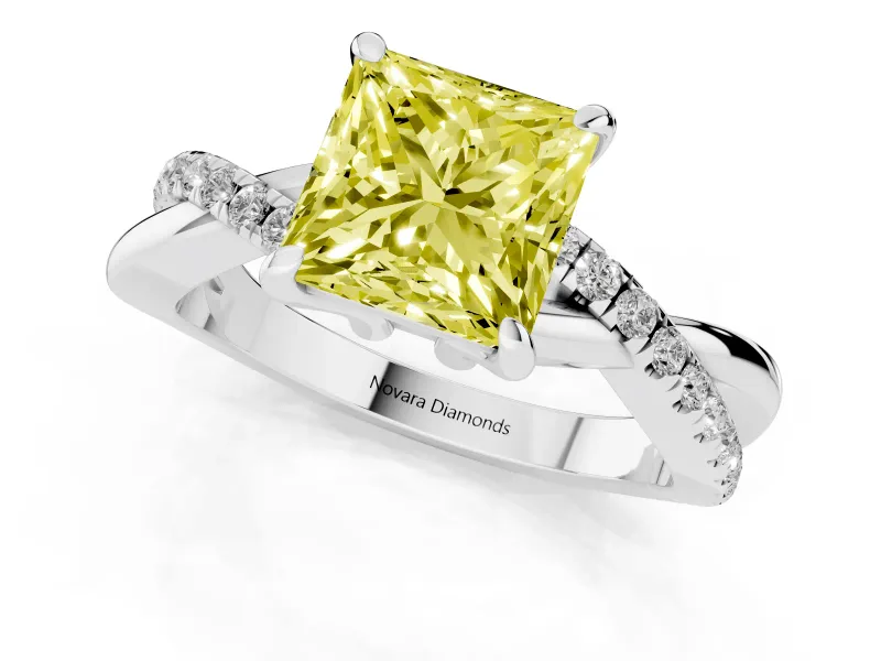 Fancy Yellow Princess Cut Diamond Twist Band Solitaire Set in White gold with Pavé Accents and Prong Setting