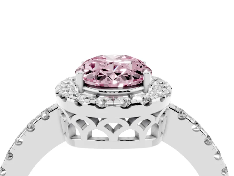 Fancy Pink Oval Cut Diamond Pavé Band Halo Engagement Ring Set in White gold with Prong Setting