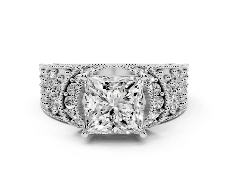 Princess Cut Diamond Milgrain Halo Pavé Engagement Ring Set in Platinum with Prong Setting