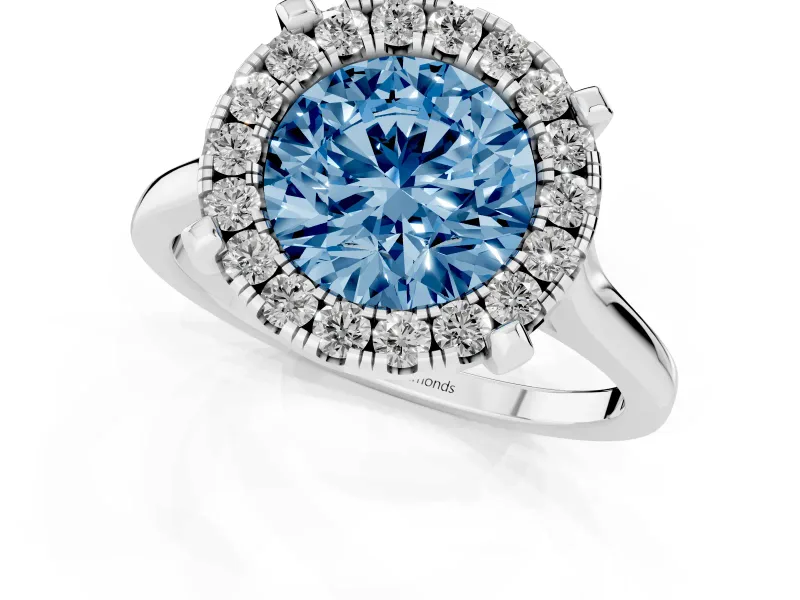 Round Halo Engagement Ring Setting for a Fancy Blue Lab-Grown Diamond | Claw Corners | Platinum