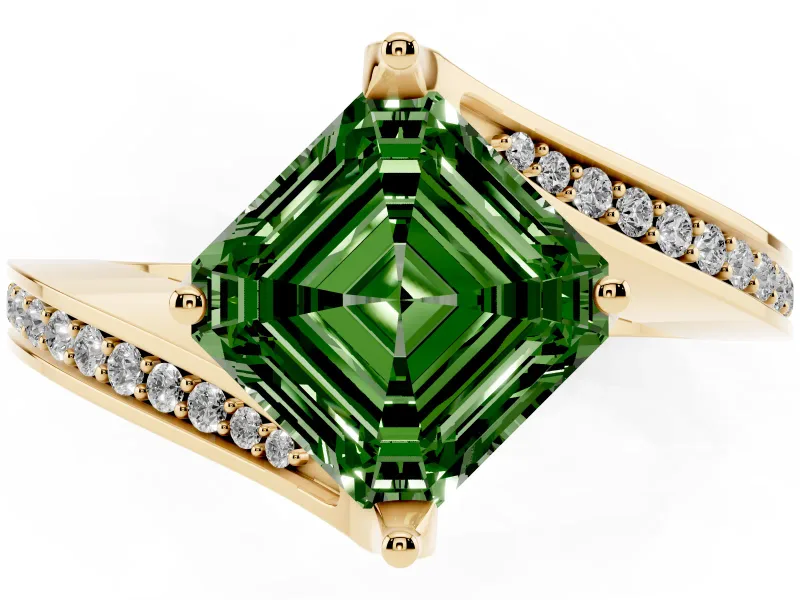 Fancy Green Asscher Cut Diamond Solitaire Ring Set in Yellow gold with Intertwined Pavé Twist Band