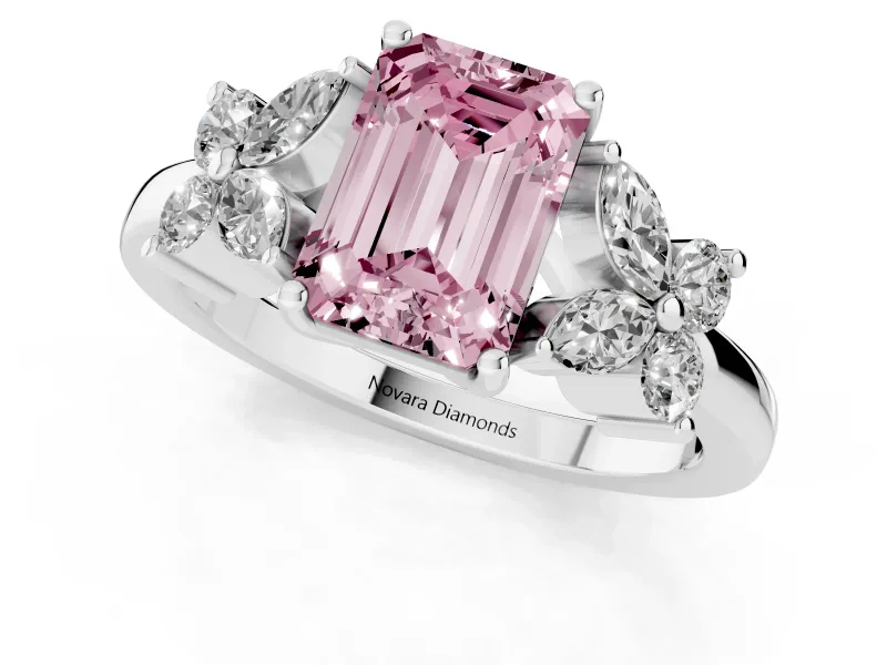 Emerald Cut Floral Side Stone Engagement Ring Setting for a Fancy Pink Lab-Grown Diamond | Platinum