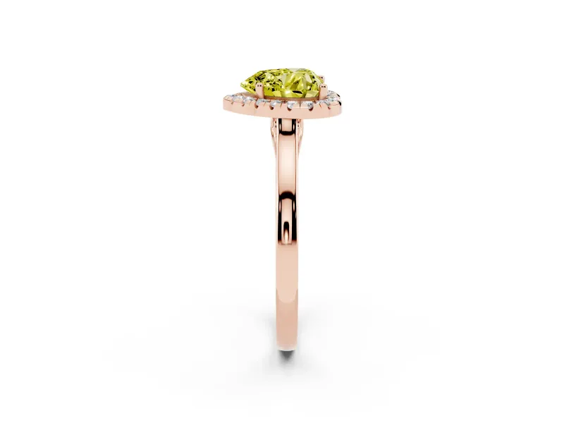 Fancy Yellow Heart Cut Halo Round Diamond Solitaire Ring Set in Rose gold with Pavé Band and Prong Setting