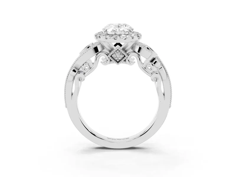 Oval Cut Diamond Halo Ring Set in Silver with Milgrain Pavé Band and Prong Setting