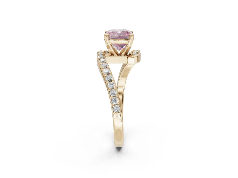 Cushion Cut Bypass Pavé Engagement Ring Setting for a Fancy Pink Lab-Grown Diamond | Yellow Gold
