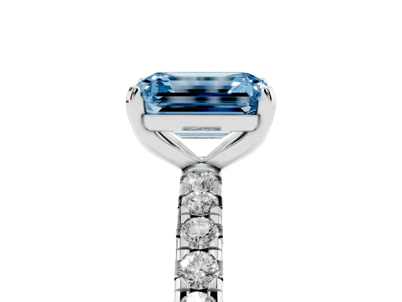 Fancy Blue Emerald Cut Diamond Pavé Solitaire Ring Set in White gold with Round Band and Prong Setting