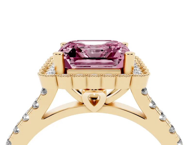 Fancy Pink Asscher Cut Diamond Milgrain Floral Halo Engagement Ring Set in Yellow gold with Pavé Band
