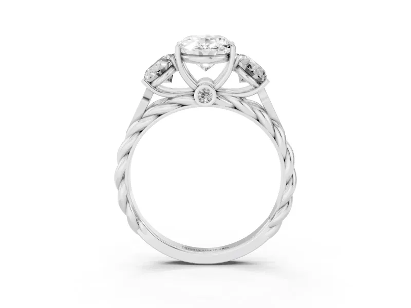 Oval Cut Diamond Three-Stone Ring Set in White gold with Braided Band