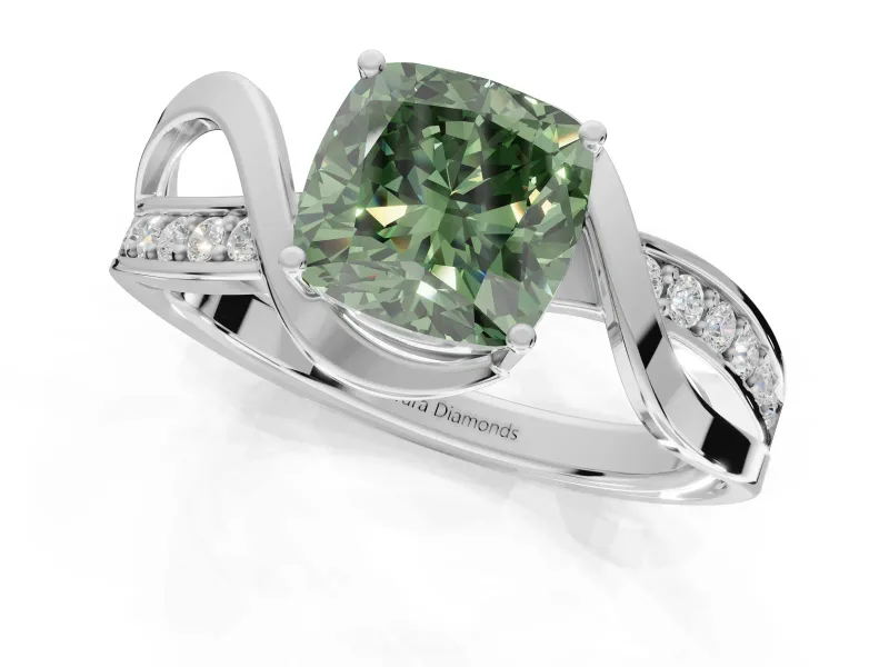 Cushion Cut Bypass Solitaire Engagement Ring Setting for a Fancy Green Lab-Grown Diamond | Pavé Strands | White Gold