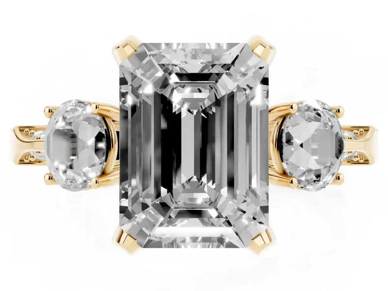 Emerald Cut Hidden Halo Three Stone Engagement Ring Setting for a Fancy Blue Lab-Grown Diamond | Yellow Gold