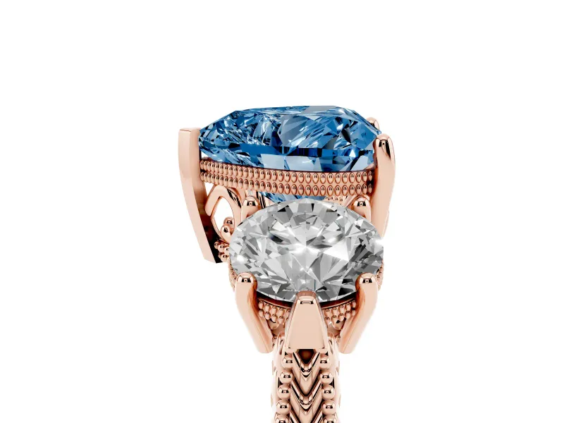 Heart-Shaped Vintage Three Stone Engagement Ring Setting for a Fancy Blue Lab-Grown Diamond | Milgrain Band | Rose Gold