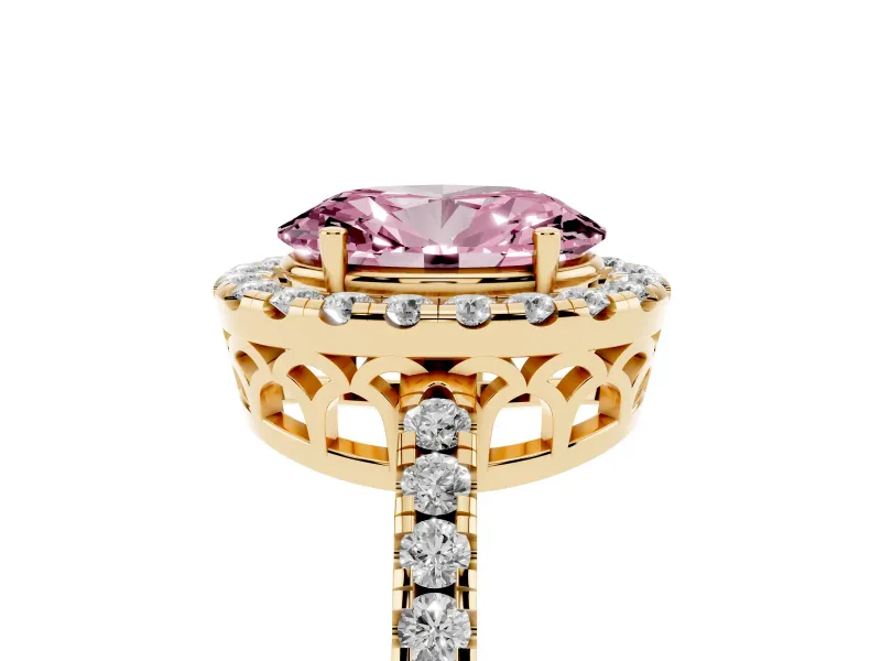 Oval Halo Engagement Ring Setting for a Fancy Pink Lab-Grown Diamond | Pavé Band | Yellow Gold