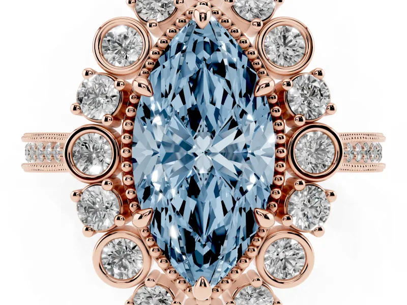 Fancy Blue Marquise Cut Diamond Halo Milgrain Pavé Ring Set in Rose gold with Prong Setting