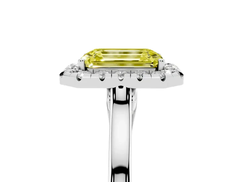 Fancy Yellow Emerald Cut Halo Round Diamond Solitaire Ring Set in White gold with Pavé Band and Prong Setting