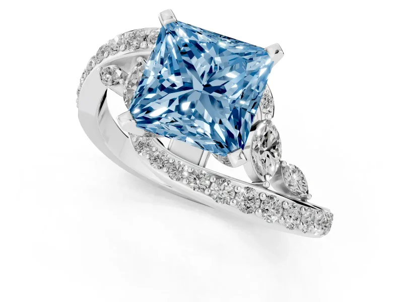 Fancy Blue Princess Cut Diamond Solitaire Ring Set in Platinum with Pavé Twist Band and Secure Prong Setting