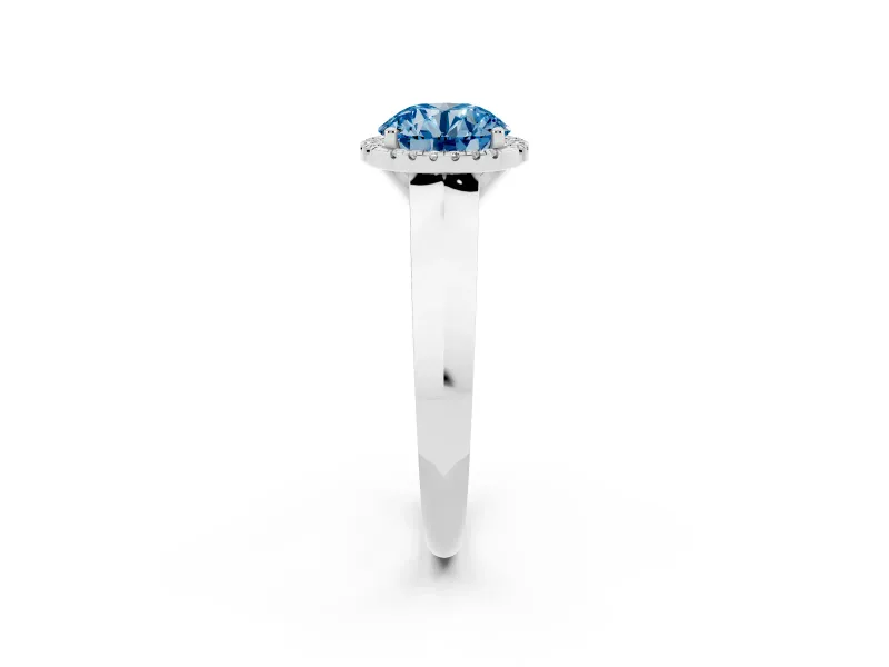 Fancy Blue Round Cut Diamond Halo Ring Set in Silver with Cathedral Band and Prong Setting