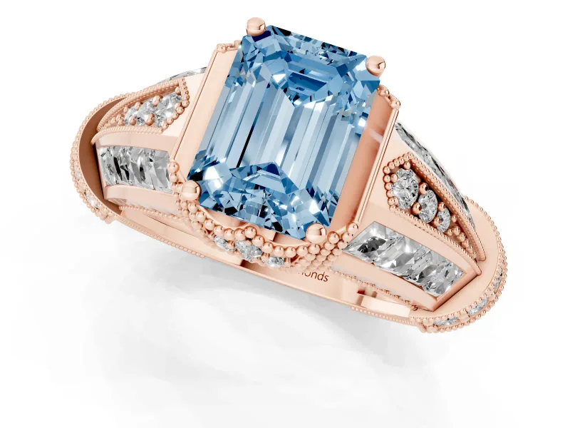Fancy Blue Emerald Cut Diamond Vintage-Inspired Milgrain Ring Set in Rose gold with Accent Split Shank