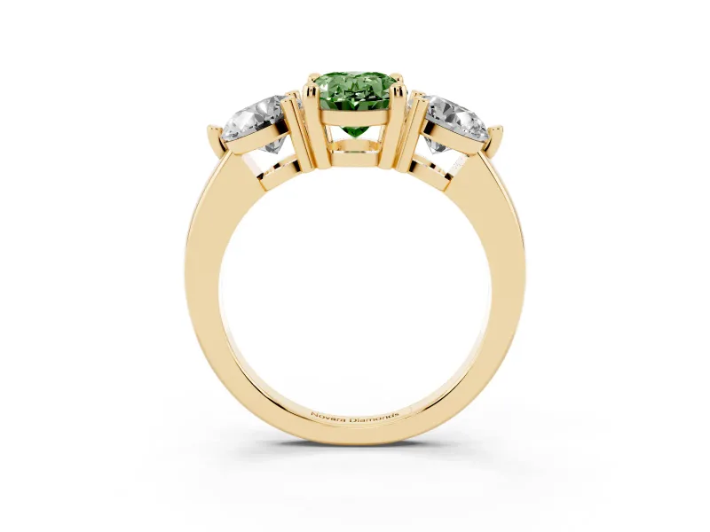 Fancy Green Oval Cut Diamond Three-Stone Ring Set in Yellow gold with Prong Setting and Classic Band