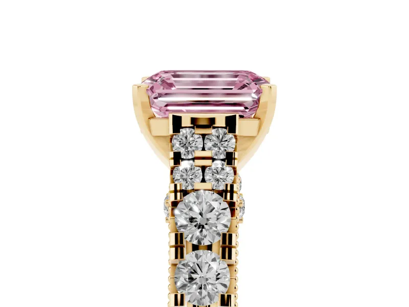 Fancy Pink Emerald Cut Diamond Classic Solitaire Ring Set in Yellow gold with Pavé Band and Prong Setting