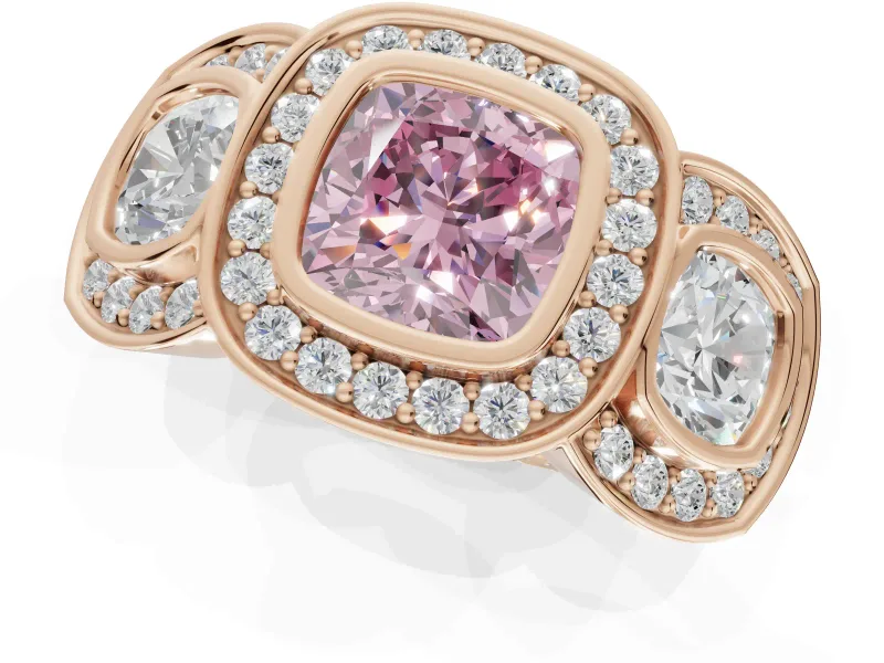Cushion Cut Three Stone Halo Engagement Ring Setting for a Fancy Pink Lab-Grown Diamond | Rose Gold