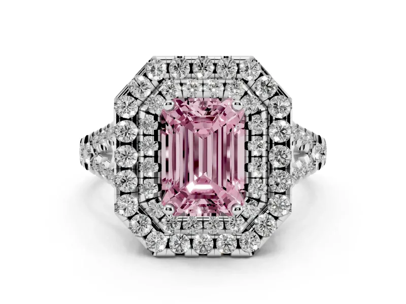 Fancy Pink Emerald Cut Diamond Double Halo Ring Set in Silver with Pavé Split Shank and Prong Setting