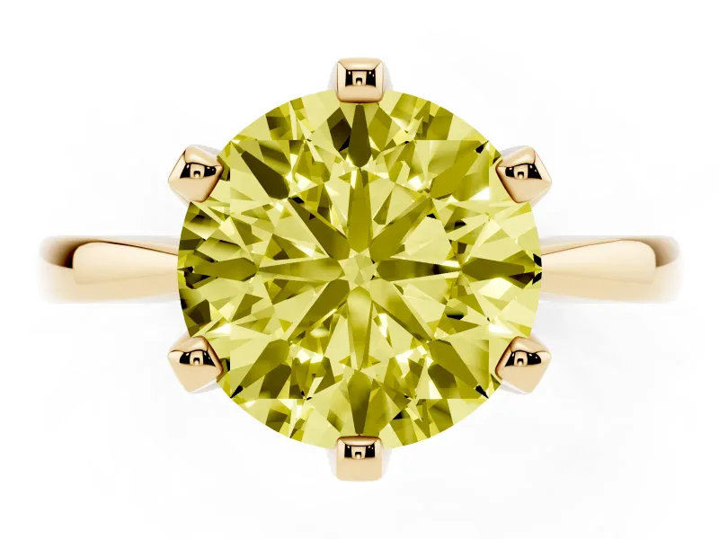 Fancy Yellow Round Cut Diamond Solitaire Engagement Ring Set in Yellow gold with Slim Tapered Solitaire Band