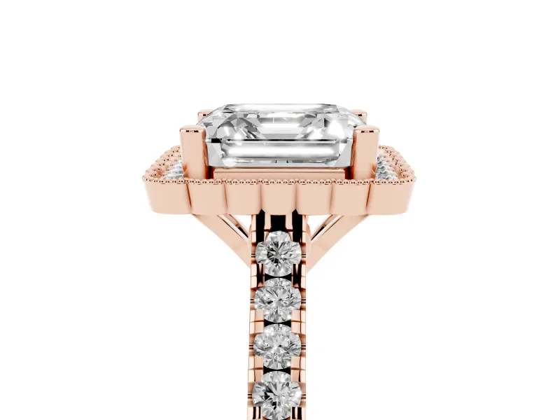 Asscher Cut Diamond Milgrain Floral Halo Engagement Ring Set in Rose gold with Pavé Band