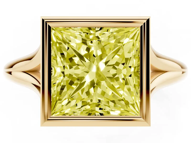 Fancy Yellow Bezel Set Princess Cut Diamond Solitaire Ring Set in Yellow gold with Tapered Band