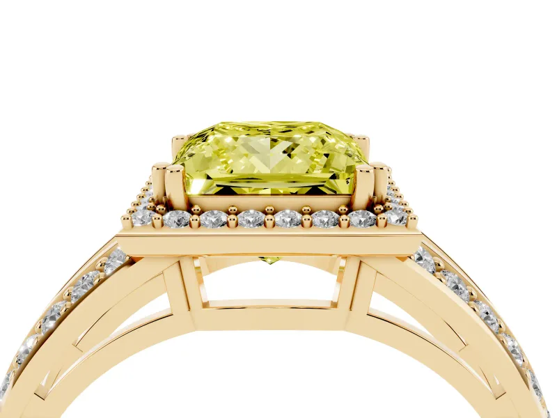 Princess Cut Halo Engagement Ring Setting for a Fancy Yellow Lab-Grown Diamond | Two-Row Pave Split Shank | Yellow Gold