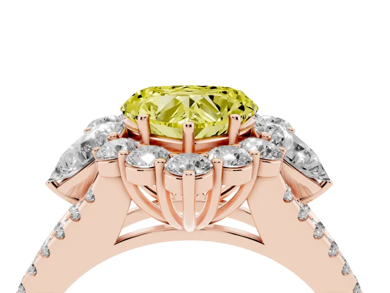 Fancy Yellow Heart Cut Diamond Halo Split Shank Engagement Ring Set in Rose gold with Prong-Held Center Stone