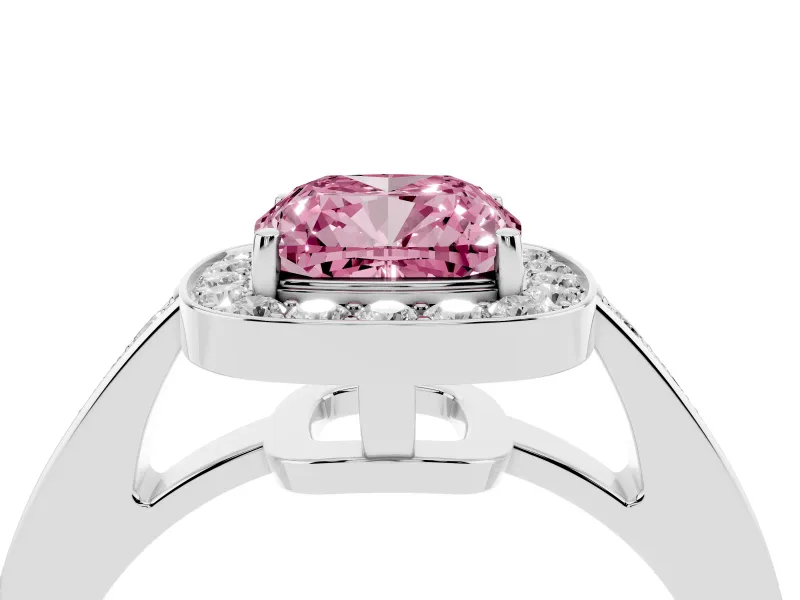 Fancy Pink Cushion Cut Diamond Halo Pavé Engagement Ring Set in Silver with Bezel Setting