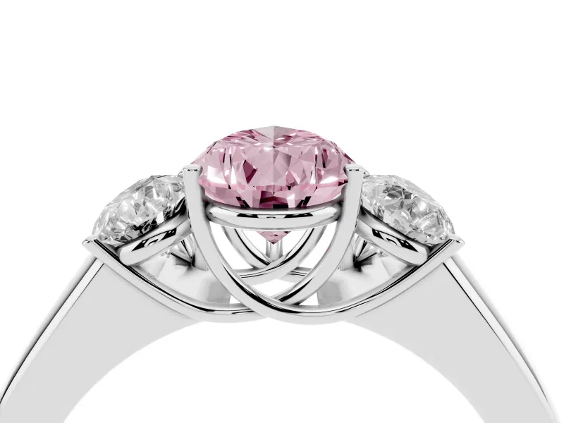 Fancy Pink Three-Stone Pear Cut Diamond Ring Set in White gold with Matching Prong Settings and Plain Band