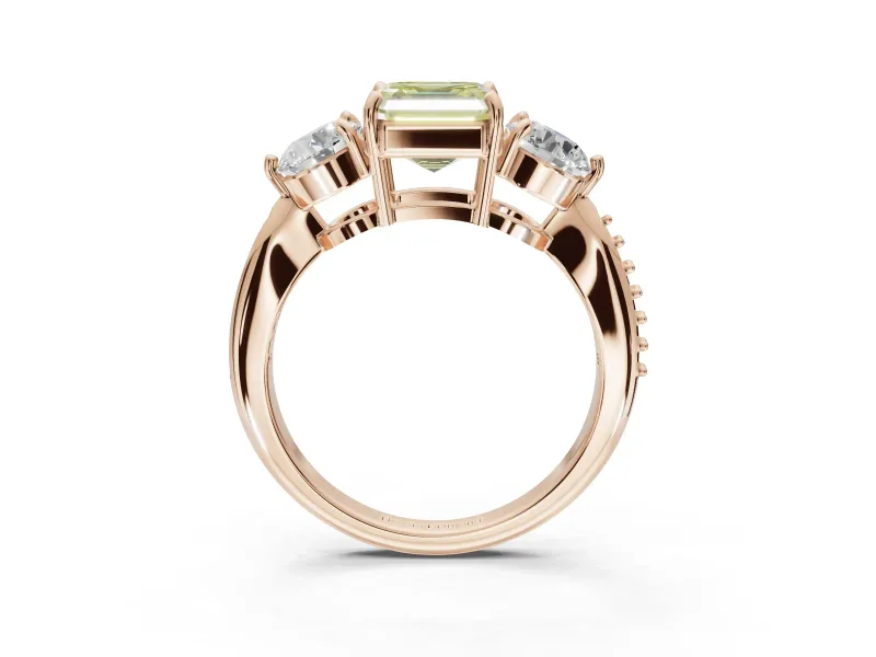 Asscher Cut Three Stone Engagement Ring Setting for a Fancy Yellow Lab-Grown Diamond | Tapered Pave Band | Rose Gold