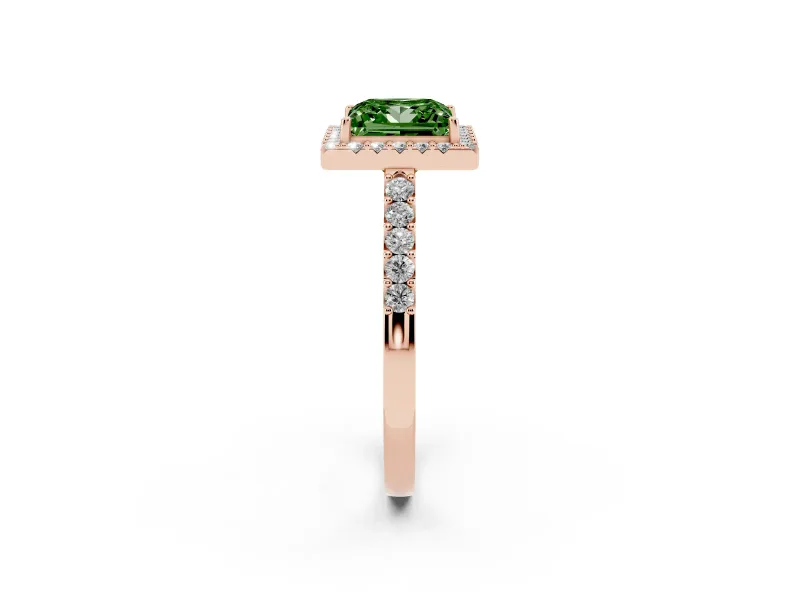 Fancy Green Princess Cut Diamond Halo Pavé Solitaire Ring Set in Rose gold with Prong-Set Center Stone