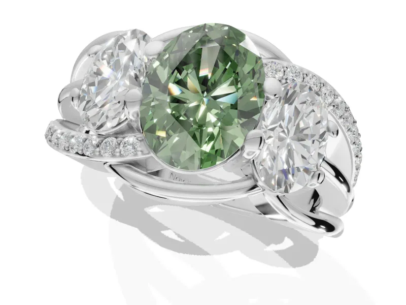 Oval Three Stone Engagement Ring Setting for a Fancy Green Lab-Grown Diamond | Pavé Split Shank | Sterling Silver